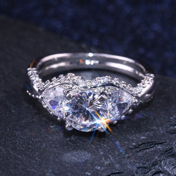 ✨ Super Dainty Engagement/Wedding Three Pure Gemstones Silver Rings, VIP279 - Picture 2 of 6